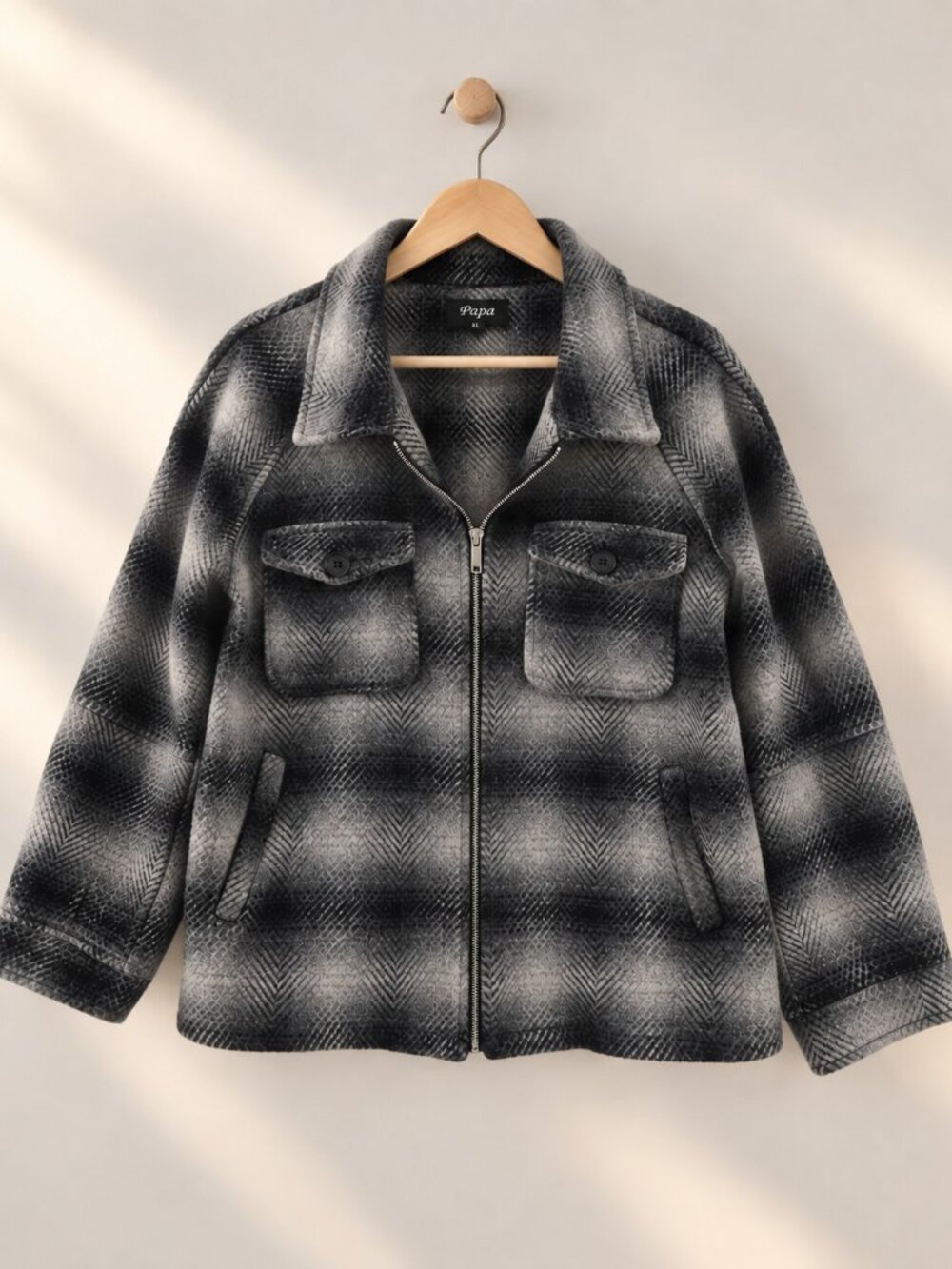 šØš¦ Papa, Plaid Shacket Chore Coat, Black & Grey, Wool Blend, Size XL